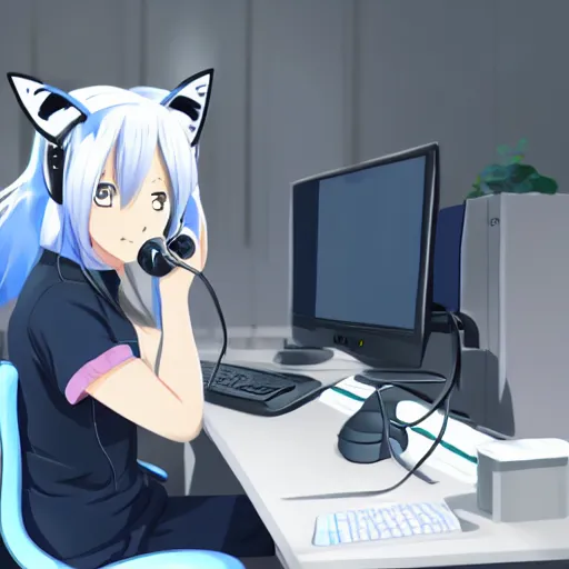 Image similar to anime girl with white hair and blue eyes, wearing cat ear headphones, sitting at desk at keyboard, programming, pixiv, anime