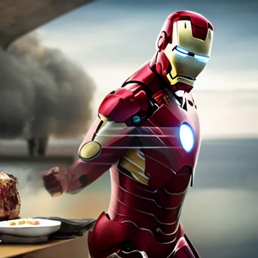 Prompt: ironman with a cooked bone - in ham as his head, movie still, 8 k