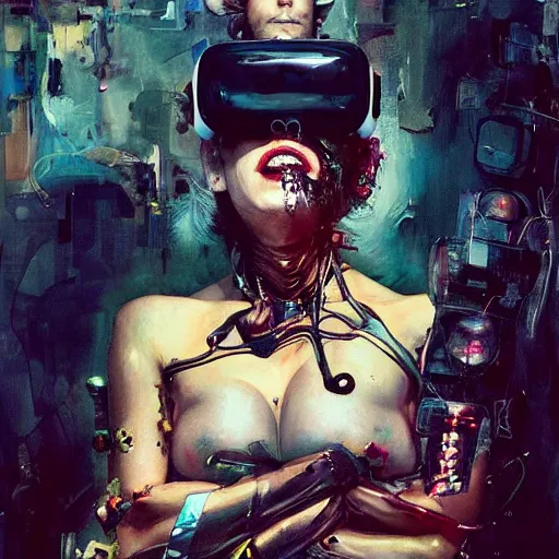 Image similar to grinning woman in a vr headset wearing leather outfit, dynamic energic pose, cyberpunk in the style of adrian ghenie, esao andrews, jenny saville, surrealism, dark art by james jean, takato yamamoto