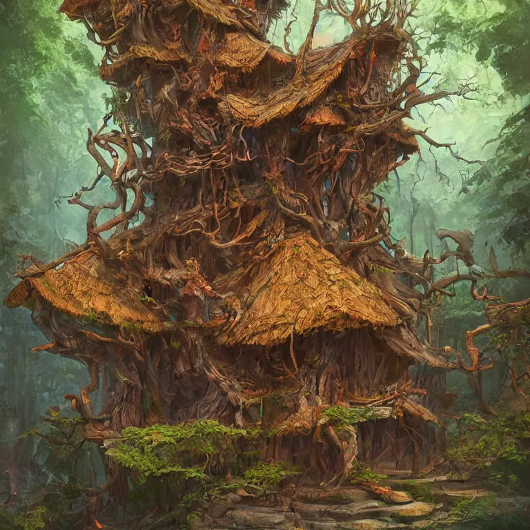 Image similar to a wooden palace growing from a tree, wild colors, intricate, highly detailed, digital painting, artstation, concept art, smooth, sharp focus, illustration, art by john avon, Lucas Graciano, Sarah Finnigan, sharp, smooth