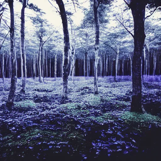 Prompt: Ground level view of An indigo forest in Japan, dark, midnight, seven ghostly white trees