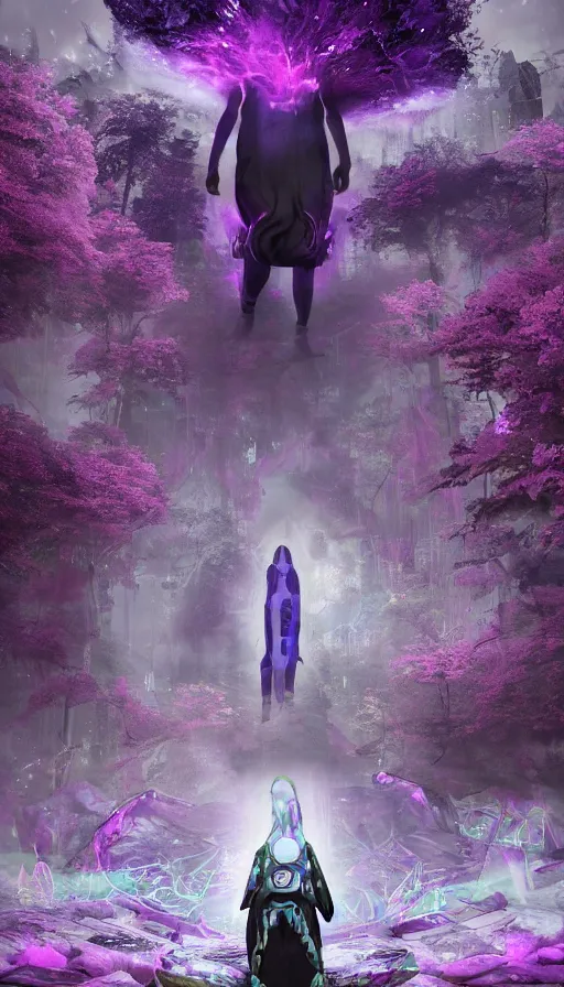 Image similar to a future sci fi ancient god on the middle of a purple forest looking to a young male dressed with streetwear holding a portal that's about to explode, abandoned city with graffiti, sweat drops, insane, intricate, highly detailed, voxel art, smooth, sharp focus, Unreal Engine 5, 8K, art by Diego Velázquez
