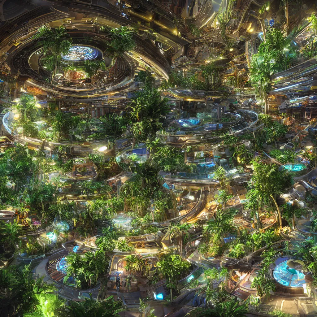 Prompt: “ all the humans standing inside an interplanetary solar punk spaceship with a tropical oasis in the center, highly detailed in 4 k ”