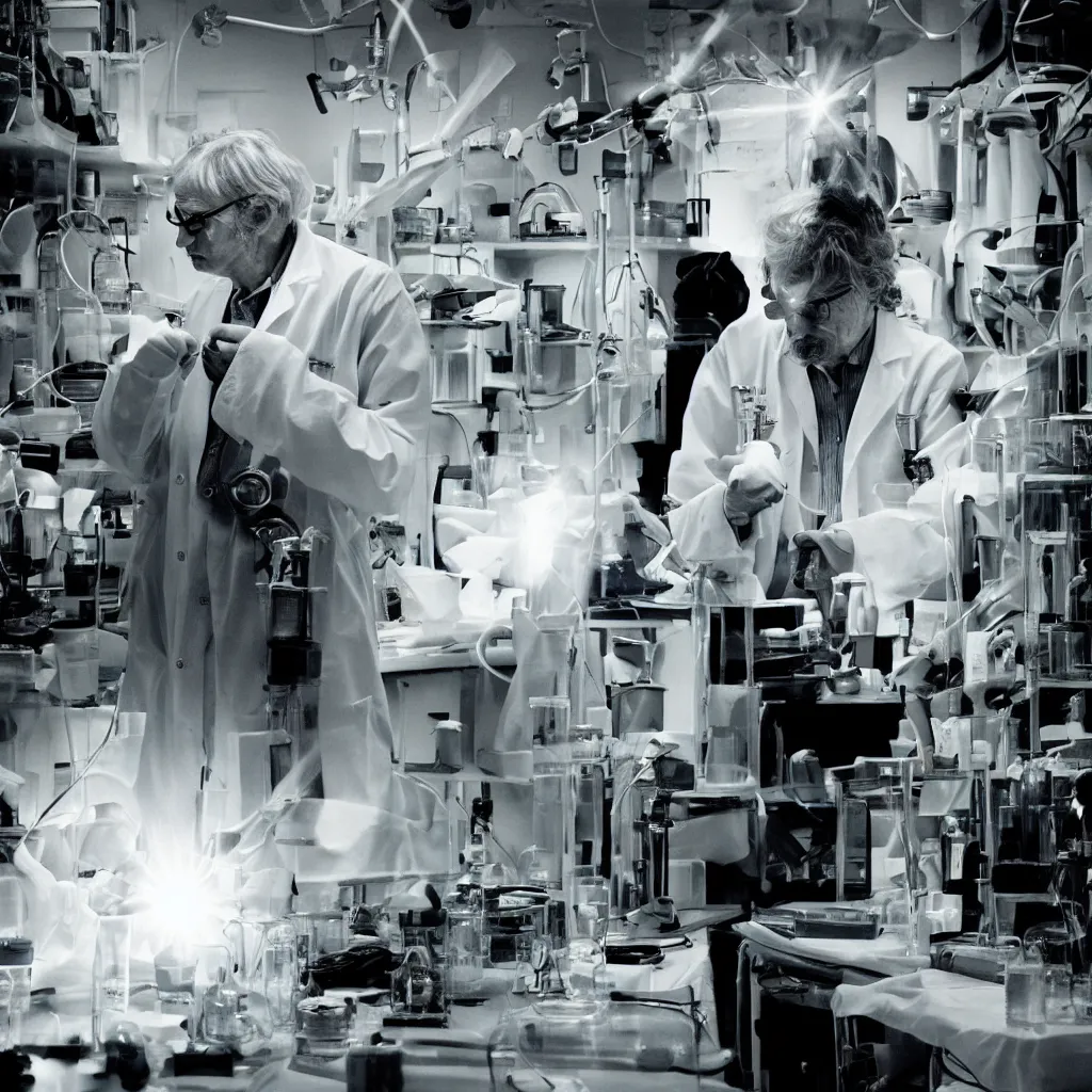 Prompt: “candid portrait photo taken by Annie Leibovitz Roger Deakins of a research scientist wearing a lab coat on an emotional rollercoaster in a cluttered laboratory. shafts of light from a window illuminating laboratory glassware. eureka is still out of reach. ”