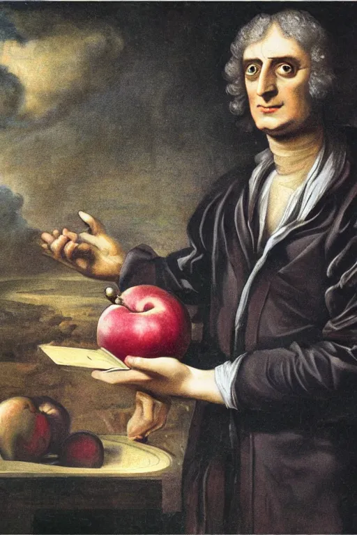 Image similar to isaac newton holding an apple, collage