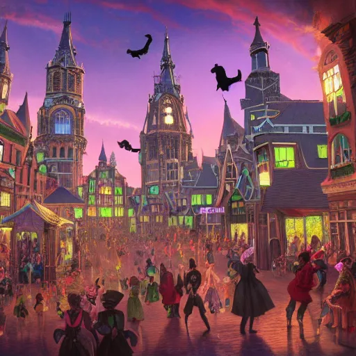 Prompt: A bustling magical town, witches and black cats are dancing around a colorful music festival, the large academy of magic and science can be seen towering in the distance, inspired by Victorian England and Amsterdam, highly detailed, digital painting, artstation, concept art, matte painting