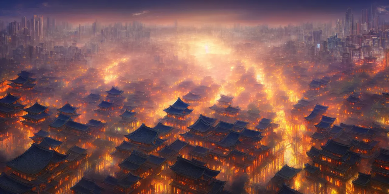 Image similar to a beautiful painting of a ancient big city of china, light effect, unreal engine, super wide angle, by yuumei and yanjun chen, trending on artstation