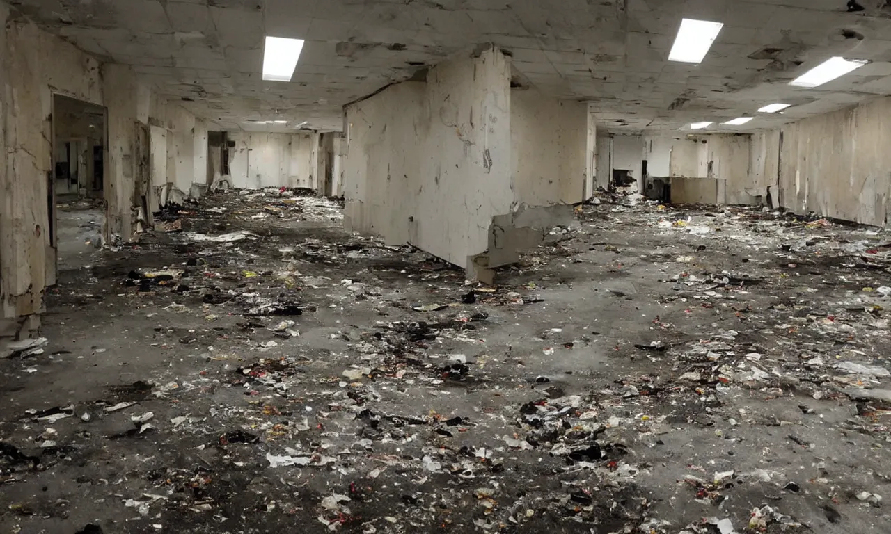 Prompt: backrooms abandoned mall, moldy walls and fiery garbage