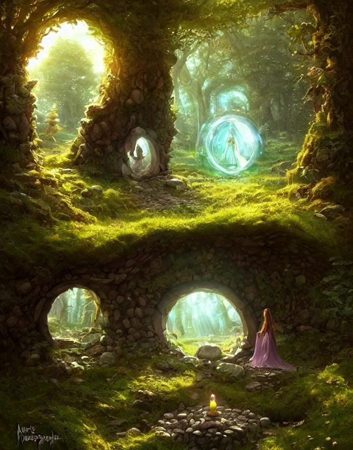 Image similar to Fantasy Magical fairy-tale stone portal in the forest. Round stone portal teleport in trees to other worlds. Fantastic landscape. Magic Altar in the fores, highly detailed, digital painting, artstation, concept art, smooth, sharp focus, illustration, art by artgerm and greg rutkowski and alphonse mucha