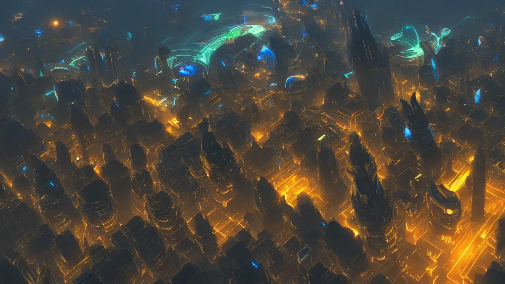 Prompt: incredible protoss city beautiful dramatic lighting