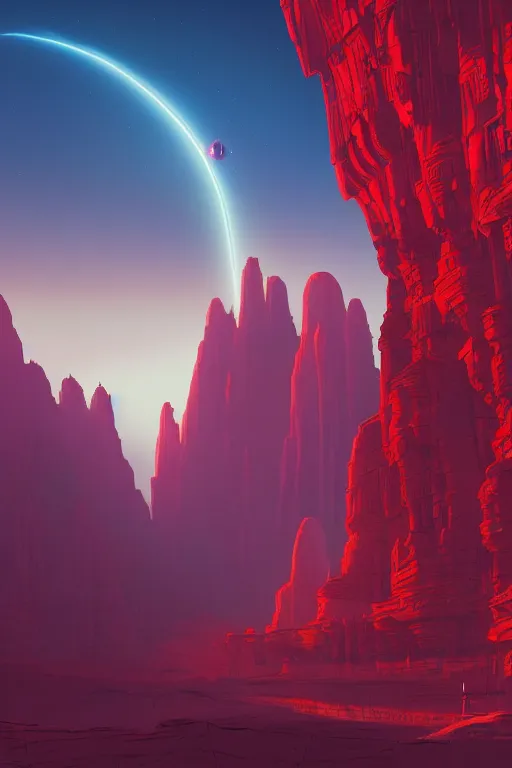 Prompt: futuristic temples glowing red in canyon, monks, light streaks in the sky, floating planets, dramatic lighting, artstation, matte painting, ralph mcquarrie, simon stalenhag