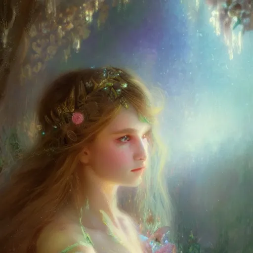 Image similar to Fairy Princess illustrated by Gaston Bussiere and Greg Rutkowski, gloomy and neon lighting, bloom effect, soft focus, volumetric lighting, 4k, 8k, intricate, detailed, trending on artstation, artstationHQ, artstationHD, artstation digital artwork.