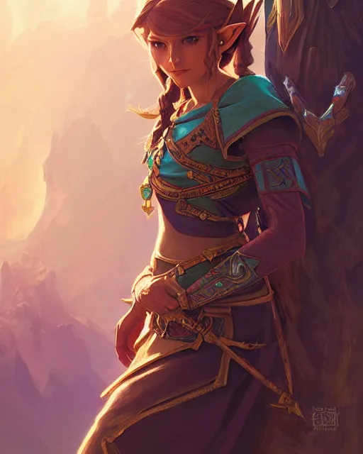 Image similar to legend of Zelda, D&D, fantasy, intricate, elegant, highly detailed, digital painting, artstation, concept art, matte, sharp focus, illustration, hearthstone, art by Artgerm and Greg Rutkowski and Alphonse Mucha