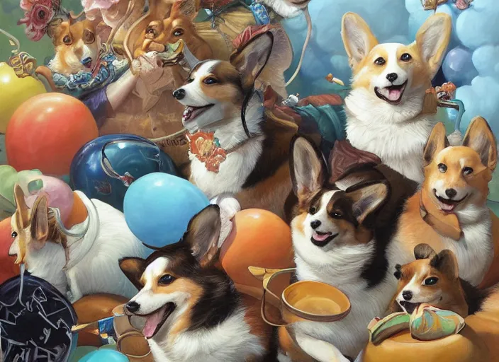 Prompt: beautiful painting of a corgi summer party, by Gerald Brom, James Jean, Krenz Cushart, Yuumei, Death Burger. trending on Artstation, 8k, masterpiece, graffiti paint, fine detail, full of color, intricate detail, golden ratio illustration