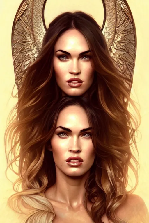 Image similar to portrait of megan fox as an blonde angel, wings, intricate, headshot, highly detailed, digital painting, artstation, concept art, sharp focus, cinematic lighting, illustration, art by artgerm and greg rutkowski, alphonse mucha, cgsociety