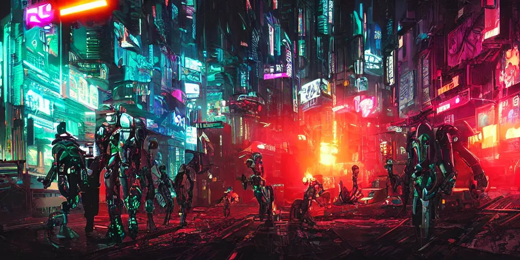 Prompt: robots battle royale cyberpunk blade runner neon night