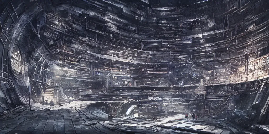 Prompt: a hightech underground machine city built in a perfectly round bottomless pit, long winding stairs going down, 8 k, shallow depth of field, moody lighting, ultra high detail, concept art,