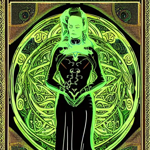 Prompt: Seven of Nine the Borg from star trek, art nouveau, amazing details, intricate details, beautiful ,insane details , tarot card, black paper, neon green, fractal system circuit , in the style of Alphonse Mucha,