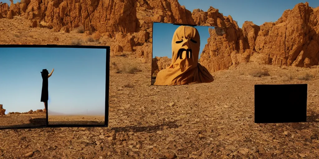 Image similar to levitating ghost silhouette with full - face golden mask in a dry rocky desert landscape, visible sky and sunny atmosphere, fata morgana and giant square mirrors by alejandro jodorowsky, anamorphic lens, kodakchrome, practical effects, masterpiece, 8 k