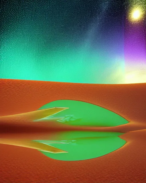 Image similar to a perfect green eye reflecting a sky full of stars aticama desert, hyper realistic, fractal algorightmic art, art station, coherent design, symmetrical, vivid color, complementary color, golden ratio, detailed, sharp lines, intricate, rainbowshift, in unreal 3 d engine, nvidia optix, ray tracing, octane render