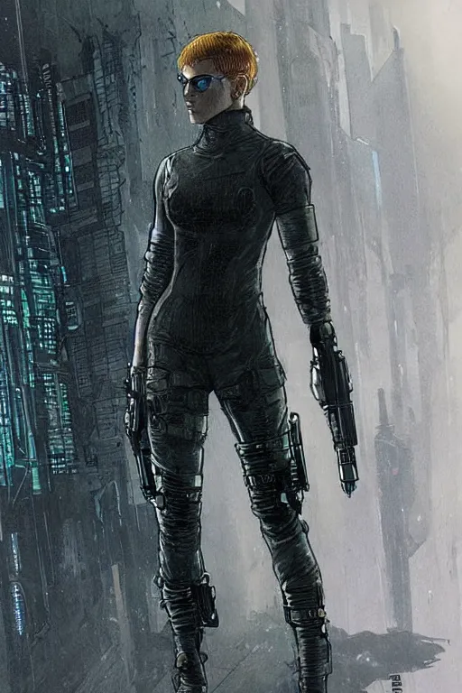 Image similar to selina. blackops mercenary in near future tactical gear, stealth suit, and cyberpunk headset. Blade Runner 2049. concept art by James Gurney and Mœbius.