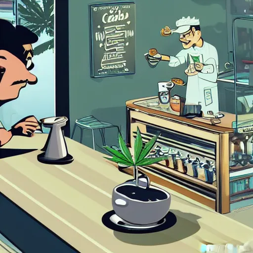 Image similar to close up of barista at customers table : cafe serves cannabis cookie for the first time in australia, isometric illustration fun, render in pixar, by darwyn cooke. meme cartoon