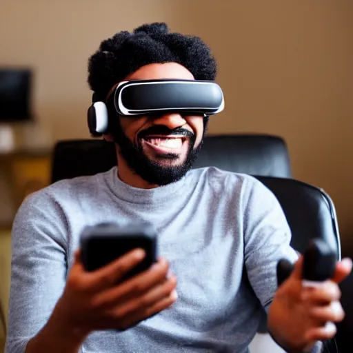 Image similar to A black man with black hair wearing a vr headset, smiling, realistic, ultra HD