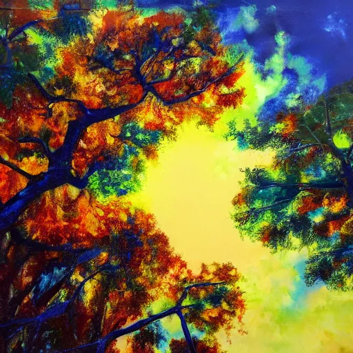 Image similar to oil paint impasto reliefs of looking up at a large sunny oak tree, through to stormy clouds, thick heavy painterly splatter, photographic quality, realistic style - i