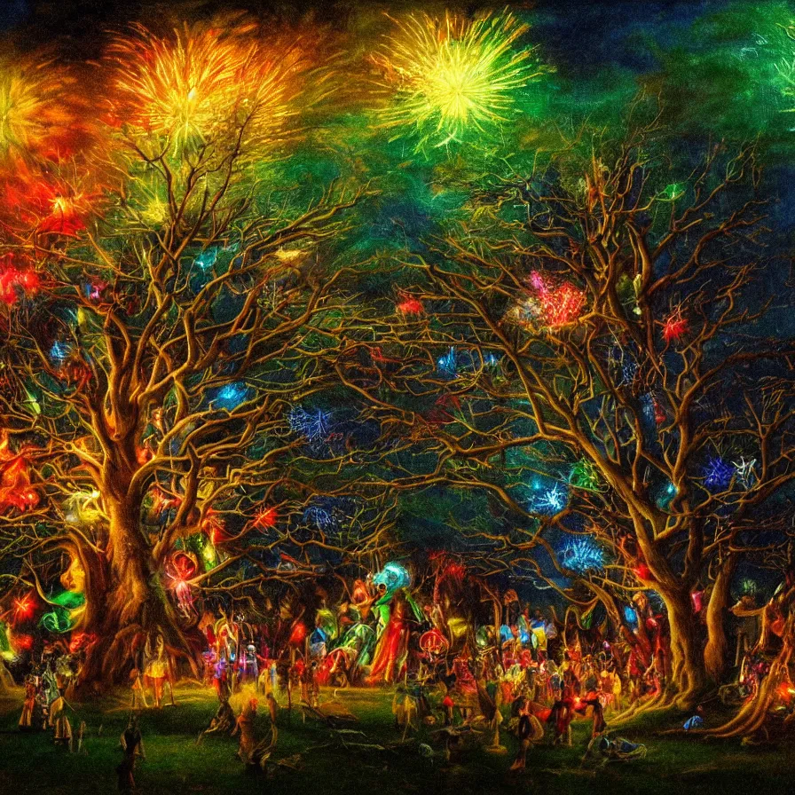 Image similar to closeup of a night carnival around a magical in a summer storm, tree cavity with a music scenario with many fireworks and christmas lights,, volumetric lightning, instense colored god rays in the sky, folklore people disguised with fantastic creatures in a magical forest by summer night, masterpiece painted by david goldblatt, scene by dark night environment, refraction lights,