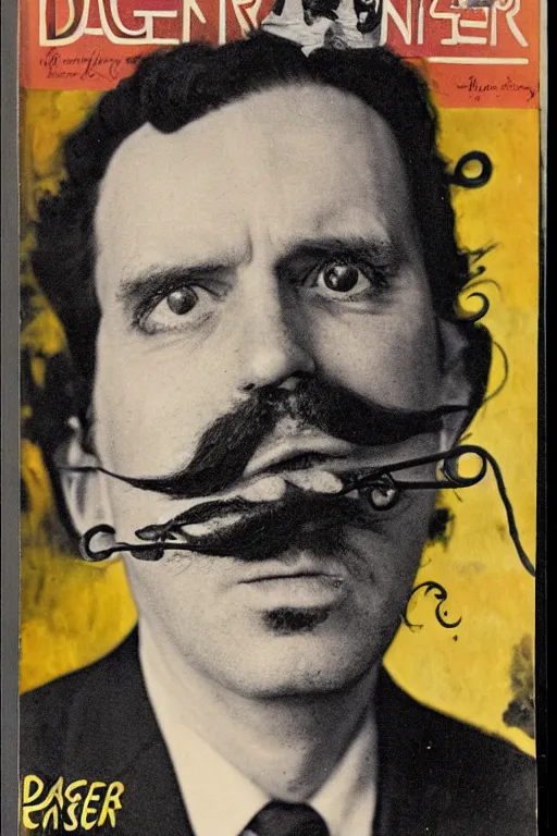 Image similar to magazine cover featuring the famous surrealist artist Danger Dan, photograph of a man with black hair and a mustache, text reads DANGER DAN