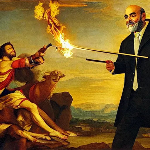 Image similar to former Federal Reserve chairman Ben Bernanke wielding a flaming sword, Renaissance painting