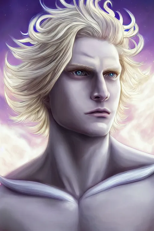 Image similar to digital art of a pale menacing male Cyborg Angel of Battle with fluffy blond curls of hair and piercing eyes, ascending to godhood blessed by the sun, bathed in scintillating radiance, johan liebert mixed with Dante, central composition, he commands the fiery power of resonance and wrath, very very long blond curly hair, fringe over forehead, Center parted bangs, forehead bangs parted in the middle, baroque curls, by WLOP, Artstation, CGsociety