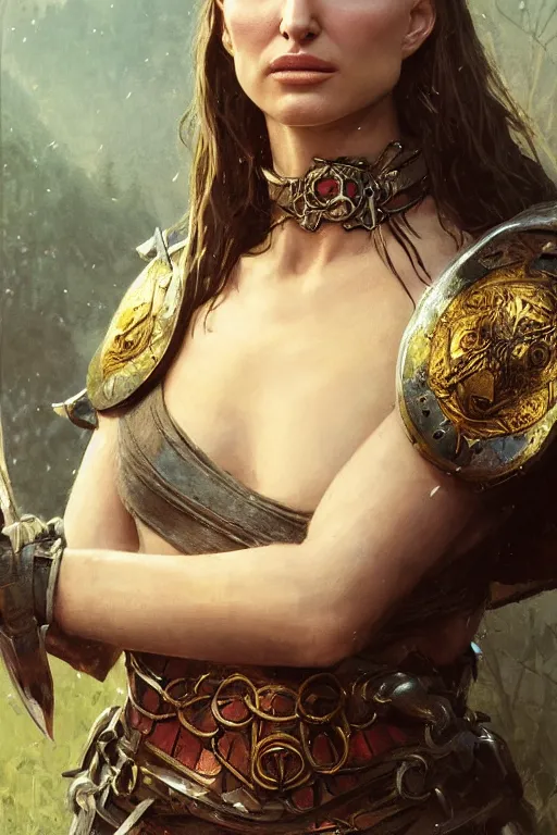 Image similar to natalie portman, legendary warrior, heroic, lord of the rings, tattoos, decorative ornaments, battle armor, by carl spitzweg, ismail inceoglu, vdragan bibin, hans thoma, greg rutkowski, alexandros pyromallis, perfect face, fine details, realistic shading photorealism