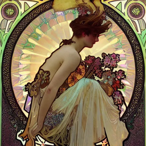 Prompt: Phish Playing Music for a small audience art by alphonse mucha and Monia Merlo and Raymond Swanland