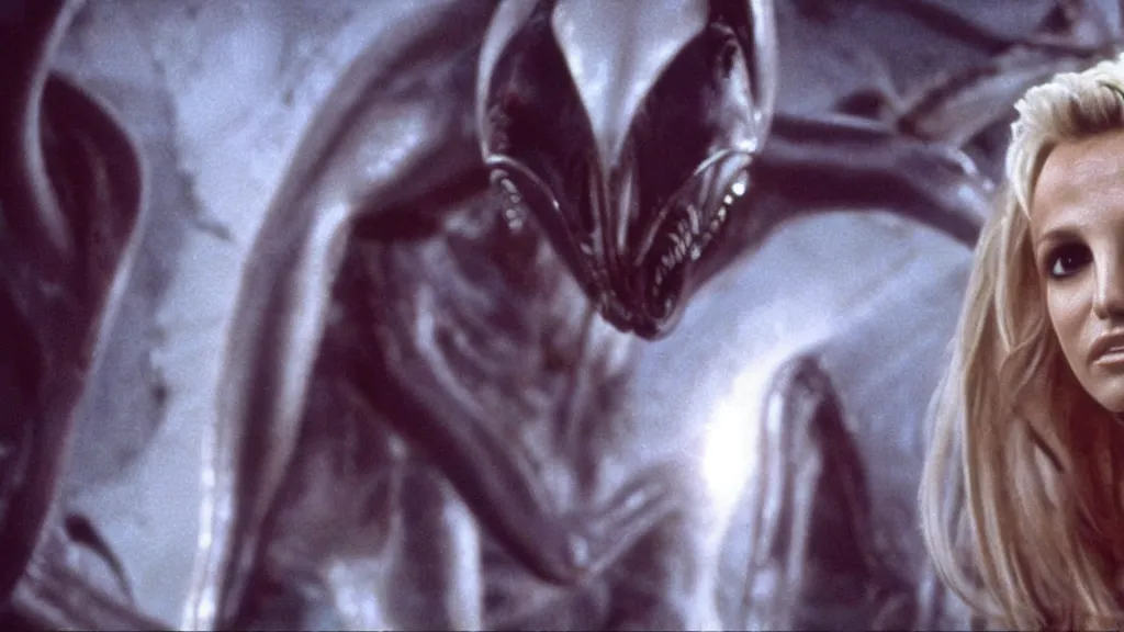 Image similar to film still of britney spears in Alien, xenomorph leaning upto her face, cinematic-shot, 4k