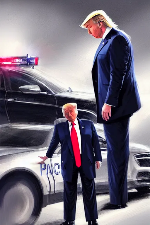 Image similar to donald trump being handcuffed in front of a police car, elegant, real life skin, intricate, high detailed, artstation, concept art, smooth, sharp focus, art by artgerm and greg rutkowski