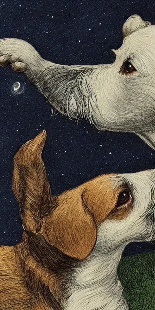 Image similar to candid portrait of jack russel dog howling sad, night sky, highly detailed, side view, illustrated by peggy fortnum and beatrix potter and sir john tenniel