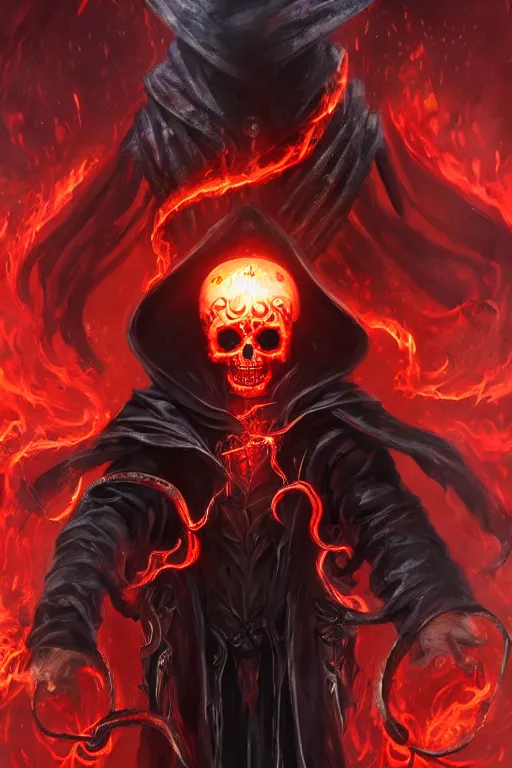 Image similar to A full body portrait of a mysterious character with a flaming skull with a very long hooded blood red and black cloak, tentacles coming out the ground art by Jason Chan and Feng Zhu, ominous, cosmic horror, trending on artstation, Ultra detailed, hyper realistic 4k