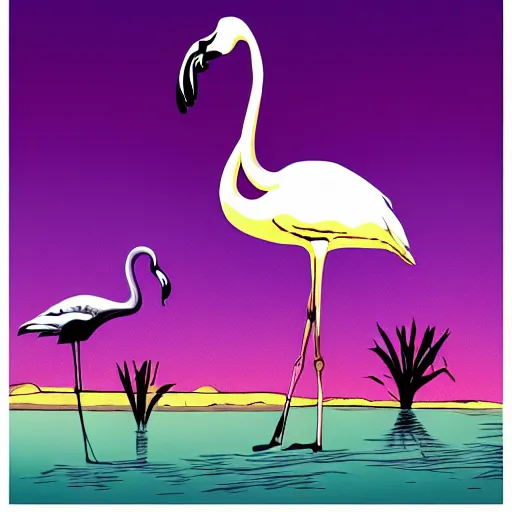 Image similar to A surreal comic noir illustration of a puzzle containing a beautiful woman and Flamingos on a desert beach oasis by Salvador Dali, dark vibes, high contrast, pastel lighting, cinematic, depth of field, 8k