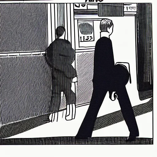 Image similar to a risograph print of a man walking into a New York City subway station