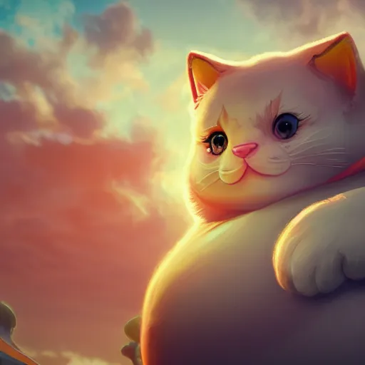 Image similar to a beautiful fat lady cat creature is feeling very very hungry. close - up, beautiful sky, volumetric lighting, sharp focus, ultra detailed, cgsociety