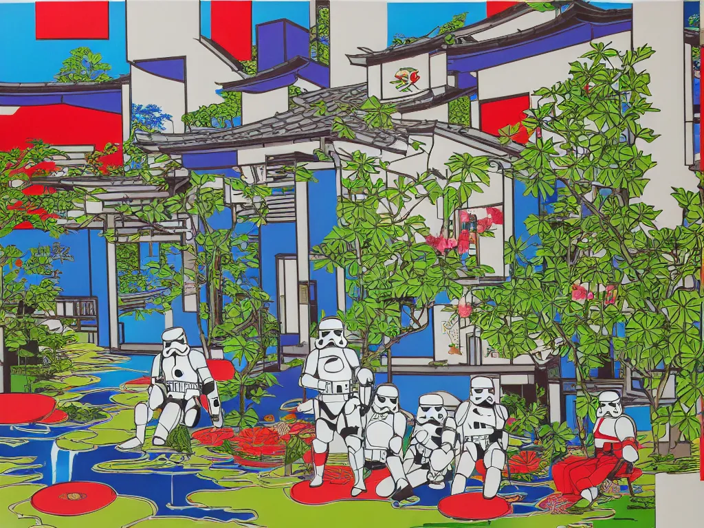 Prompt: detailed composition of the japanese home with a garden and a pond, 2 stormtroopers sitting around it, pop - art style, jacky tsai style, andy warhol style, rich palette, acrylic on canvas