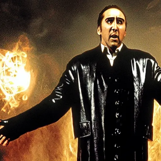 Image similar to Nicolas Cage as Morpheus in the Matrix