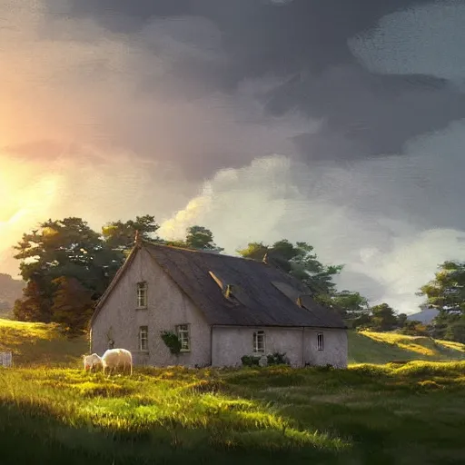 Image similar to irish homestead in the countryside amidst rolling hills, highly detailed, digital painting, concept art, sharp focus, by makoto shinkai