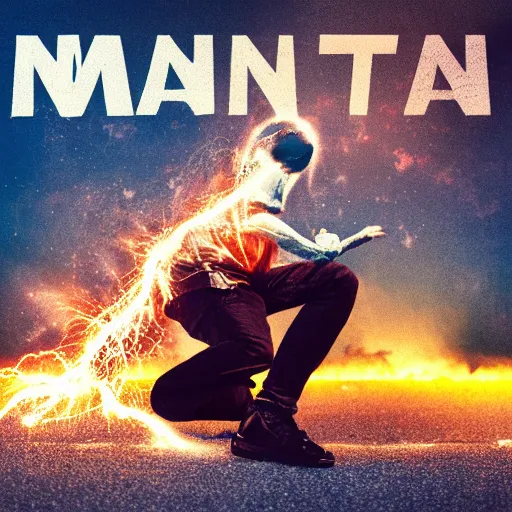 Image similar to man hitting the ground creating a explosion, anime, album cover, musical notes