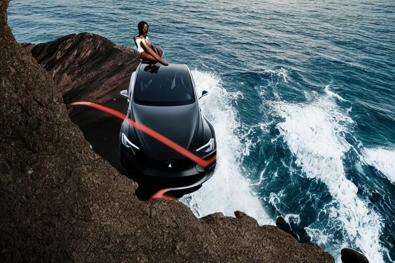 Image similar to photo of a gorgeous black model sitting on a Tesla on a cliff on the ocean By Emmanuel Lubezki