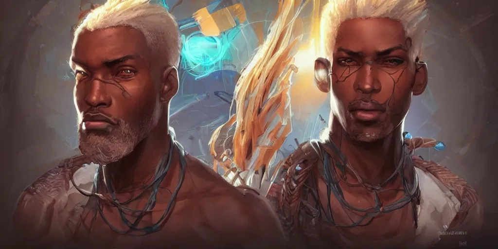 Image similar to concept art of rugged african male netrunner d & d video game characters head designs, unique hair designs, by marc brunet and artgerm