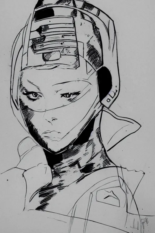 Image similar to beautiful portrait of a young futuristic female soldier, frank miller style, sketch