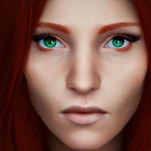 Image similar to portrait of a redhead woman with green eyes, hyper realistic, volumetric lighting