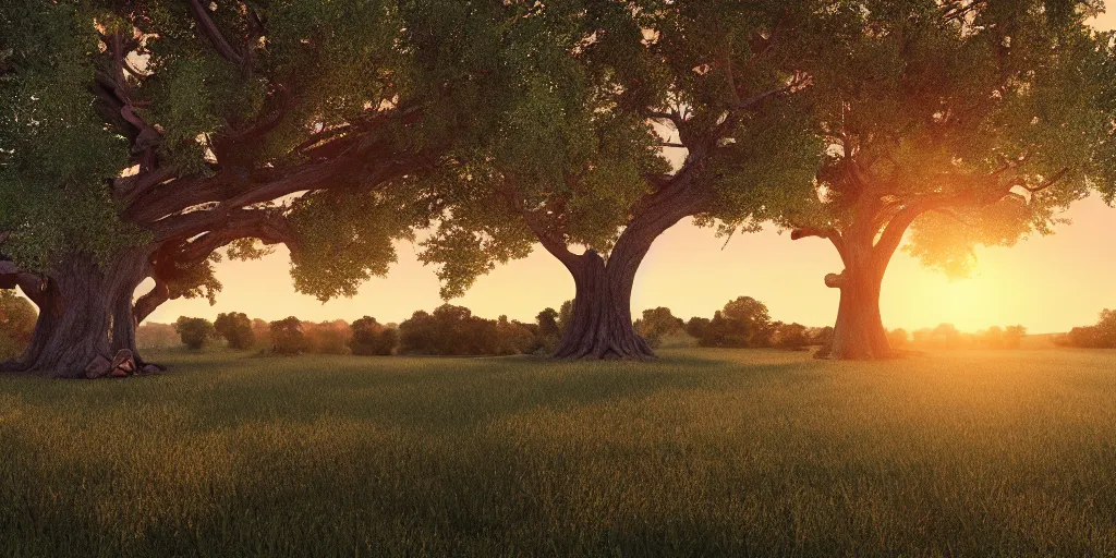 Prompt: gigantic oak tree. sunset landscape. hd. photorealistic. 8 k. octane render.